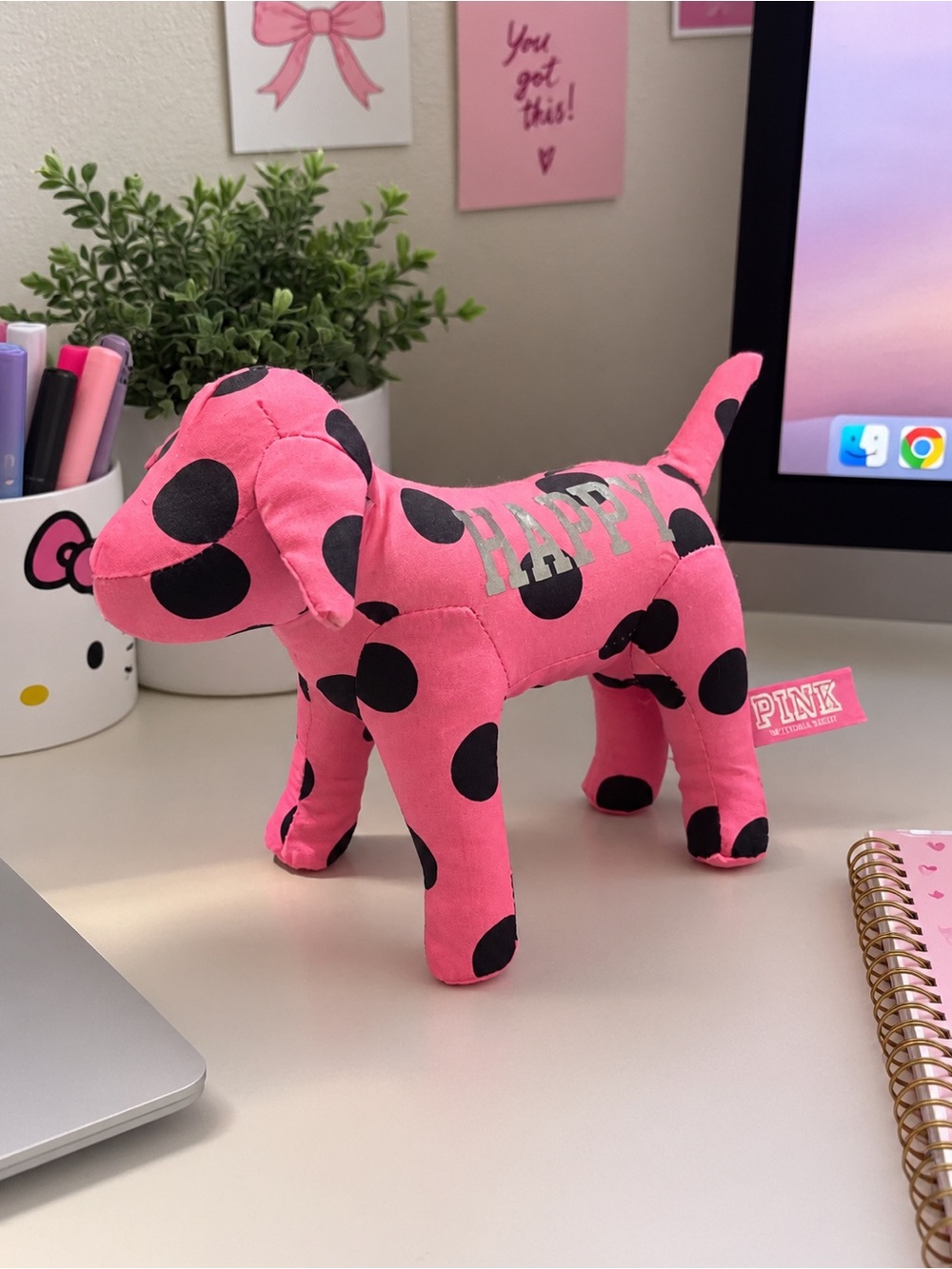 PINK Victoria's Secret Plush Polka Dot Pink Dog Toy - 'Happy' Accent EUC